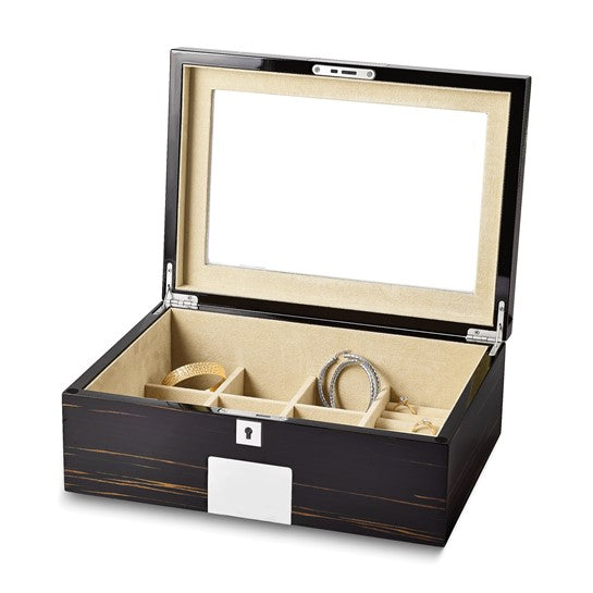 Watch Box - 6-Watch and Jewelry Box - Ebony Veneer with Beveled Glass Lid #JWC166