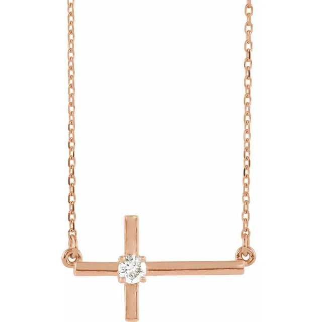 Solitary Diamond Sideways Cross Necklaces | 14K Gold or Platinum | Viridian Gold