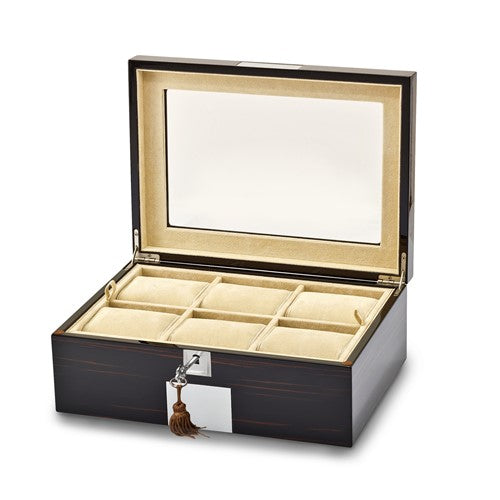 Watch Box - 6-Watch and Jewelry Box - Ebony Veneer with Beveled Glass Lid #JWC166