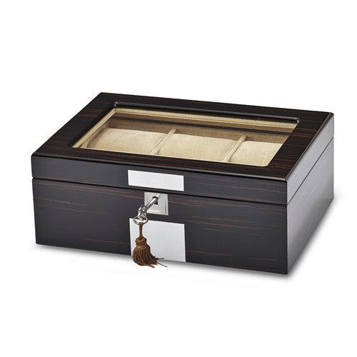 Watch Box - 6-Watch and Jewelry Box - Ebony Veneer with Beveled Glass Lid #JWC166