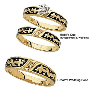 Ring - Bride & Groom Matching Set - Cross with Black Enamel  #1020